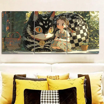3pcs The Cat And The Girl Modern Art Wall Art Set Canvas Unframed - High Quality Print 100% Australian Made Wall Canvas