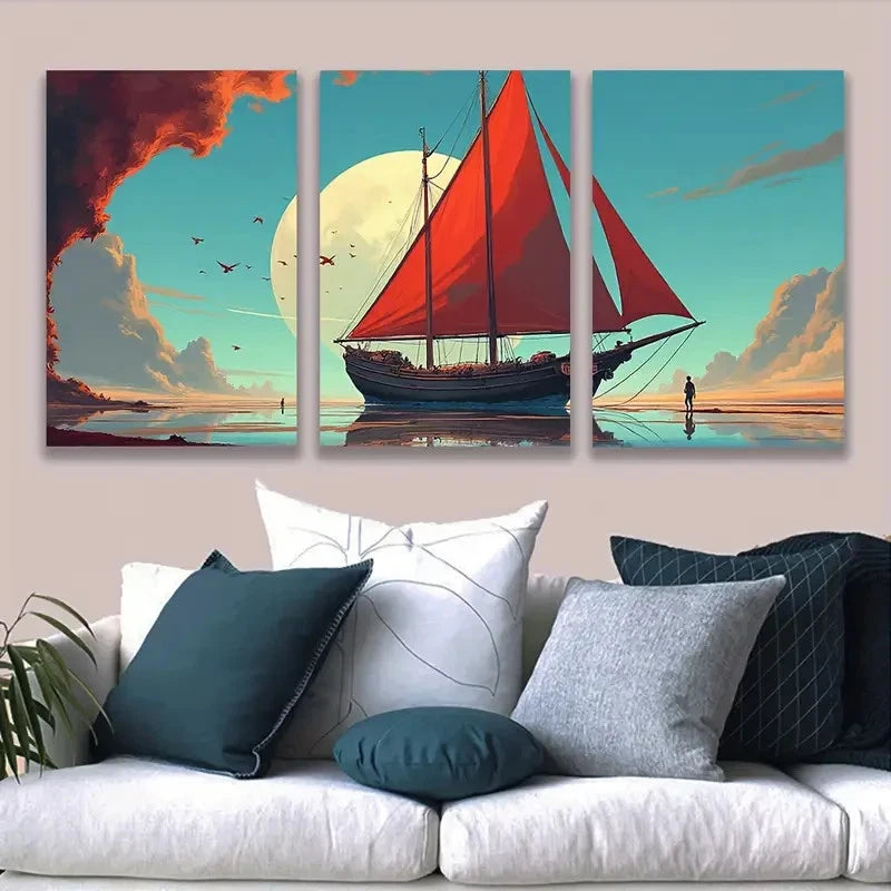 3pcs Sailboat Sunset Art Wall Art Set Canvas Framed 60x90cm - High Quality Print 100% Australian Made Wall Canvas Ready to Hang