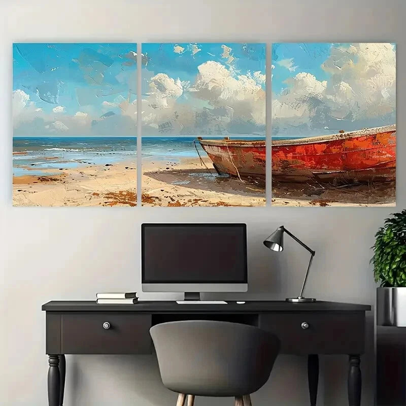 3pcs Coastal Scenery with Red Boat & Cloudy Sky Metal Print Ready to Hang Art - Bella Home Decor