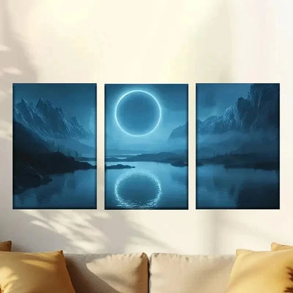 3pcs  Painting of a Moon Over a Lake Wall Art Set Canvas Framed 40x60cm - High Quality Print 100% Australian Made Wall Canvas Ready to Hang - Bella Home Decor