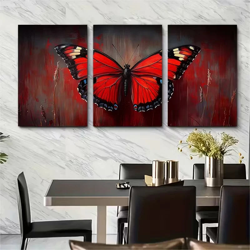 3pcs , Vibrant Red Monarch Butterfly Metal Print Ready to Hang Art - Bella Home Decor