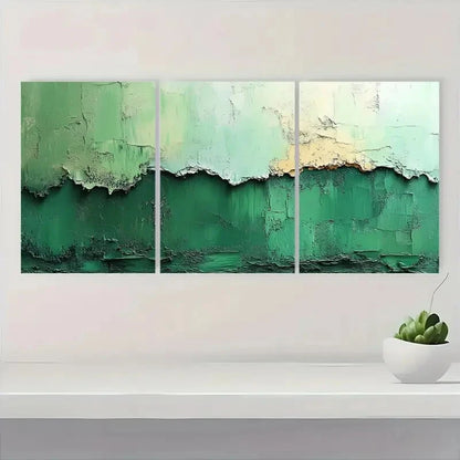 3pcs Minimalist Abstract Green & White Textured Metal Print Ready to Hang Art - Bella Home Decor