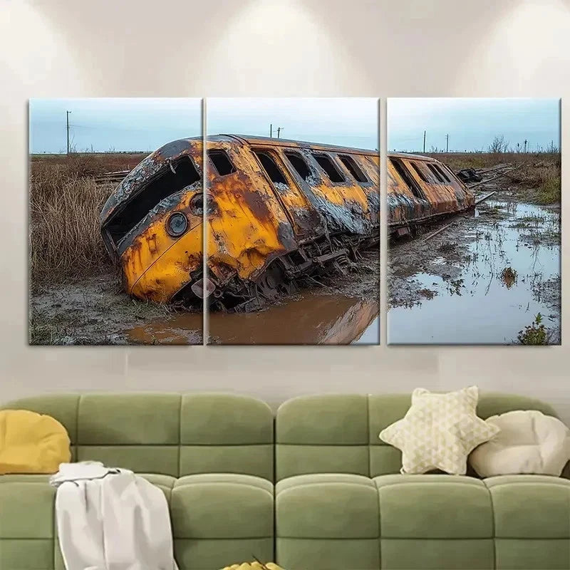 3pcs Train Wreck Art Ready to Hang EU Wall Art Set Canvas Framed 50x70cm - High Quality Print 100% Australian Made Wall Canvas Ready to Hang