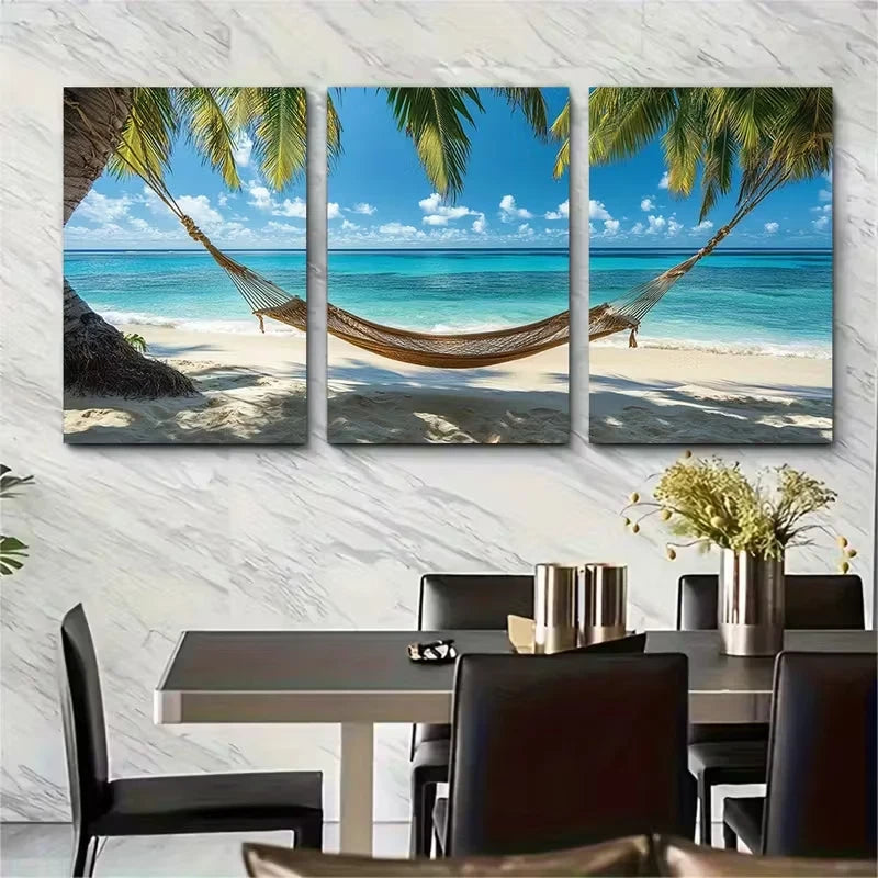 3pcs Featuring a Tropical Beach Hammock Metal Print Ready to Hang Art