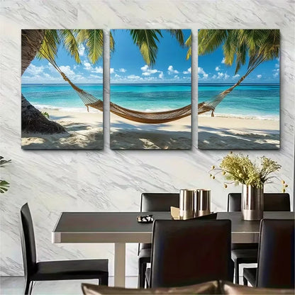 3pcs Featuring a Tropical Beach Hammock Metal Print Ready to Hang Art