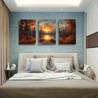 3pcs Sunset Lake Autumn Forest Landscape Wall Art Set Canvas Framed 50x70cm - High Quality Print 100% Australian Made Wall Canvas Ready to Hang