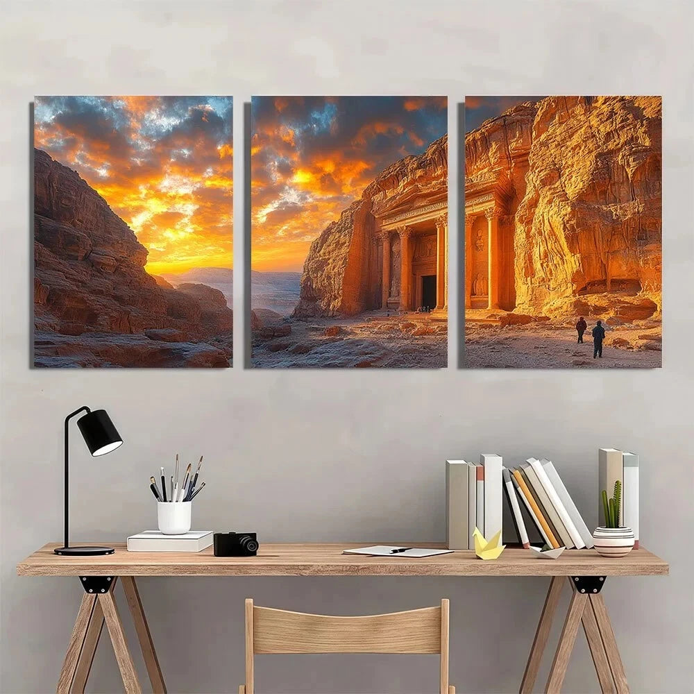 3pcs Petra Travel Painting Brown Themed Metal Print Ready to Hang Art - Bella Home Decor