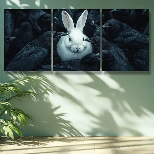 3pcs White rabbit, crow Wall Art Set Canvas Framed 40x60cm - High Quality Print 100% Australian Made Wall Canvas Ready to Hang