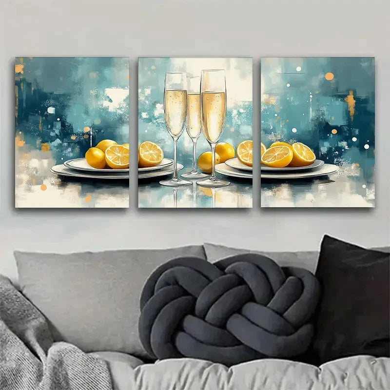 3pcs Abstract Lemon And Champagne Trio Metal Print Ready to Hang Art - Bella Home Decor