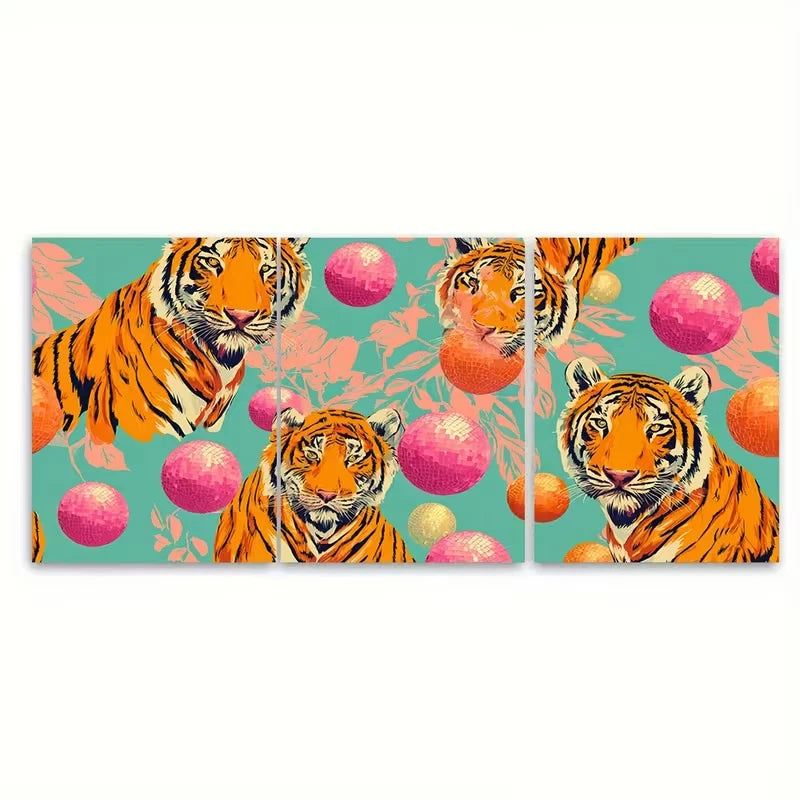 3pcs Vibrant Tiger & Disco Balls Metal Print Ready to Hang Art