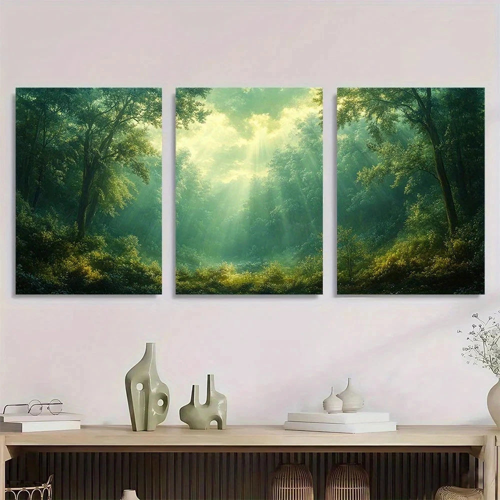 3pcs Emerald Green Forest Sunlit Trees & Misty Metal Print Ready to Hang Art - Bella Home Decor