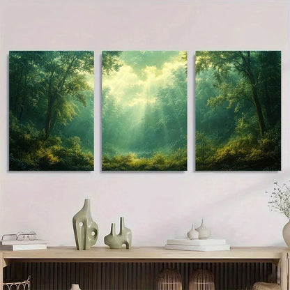 3pcs Emerald Green Forest Sunlit Trees & Misty Metal Print Ready to Hang Art - Bella Home Decor