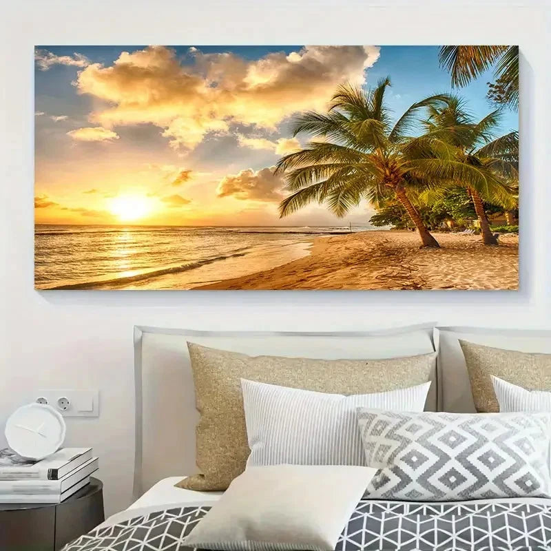 Tropical Beach Sunset With Palm Wall Art Canvas Office Home Room Framed 120x60cm