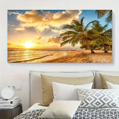 Tropical Beach Sunset With Palm Wall Art Canvas Office Home Room Framed 120x60cm