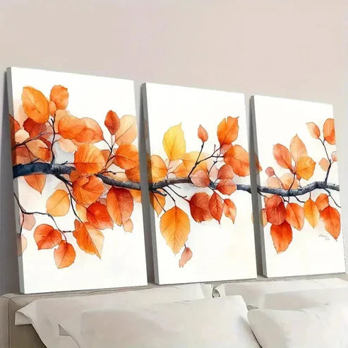 3pcs Vibrant Orange & Red Birch Tree Leaves Wall Art Set Canvas Unframed - High Quality Print 100% Australian Made Wall Canvas