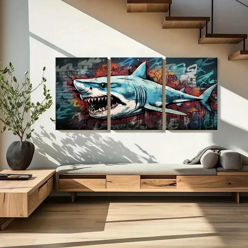 3pcs Shark Street Graffiti Style Urban Art Metal Print Ready to Hang Art - Bella Home Decor
