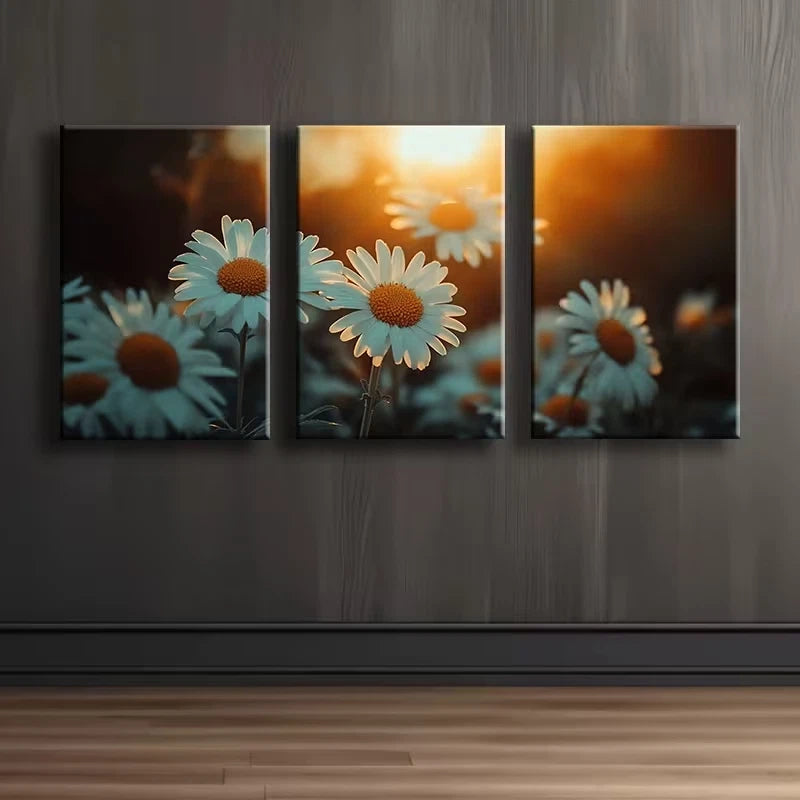 3pcs Daisy Delight Sunset Illustration Wall Art Set Canvas Framed 60x90cm - High Quality Print 100% Australian Made Wall Canvas Ready to Hang - Bella Home Decor