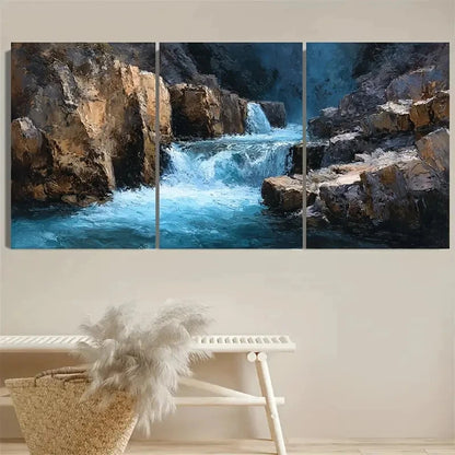 3pcs Rocky Cliffside Waterfall Deep Blue Wall Art Set Canvas Framed 60x90cm - High Quality Print 100% Australian Made Wall Canvas Ready to Hang