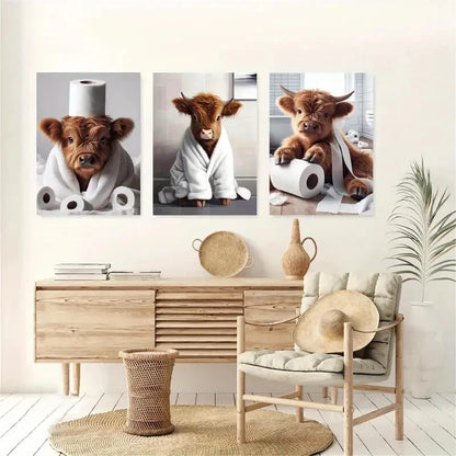 3pcs Cartoon Animal Highland Cow Art Prints Set Metal Print Ready to Hang Art - Bella Home Decor