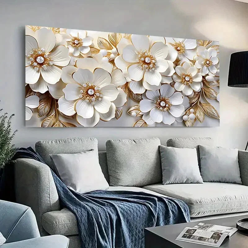 White and Golden Flowers wall canvas office home room framed 120x60cm - Bella Home Decor