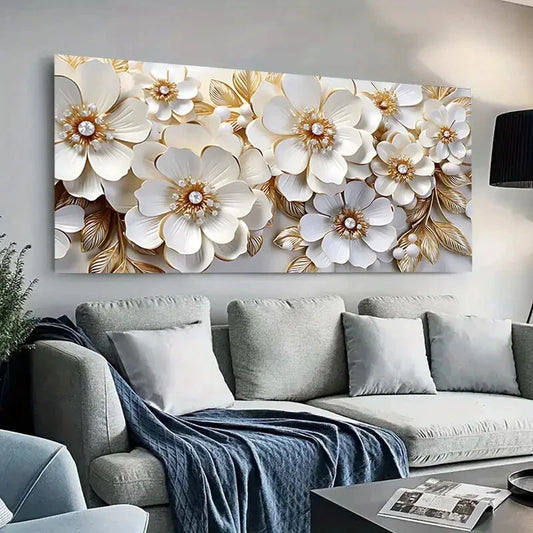 White and Golden Flowers wall canvas office home room framed 120x60cm - Bella Home Decor