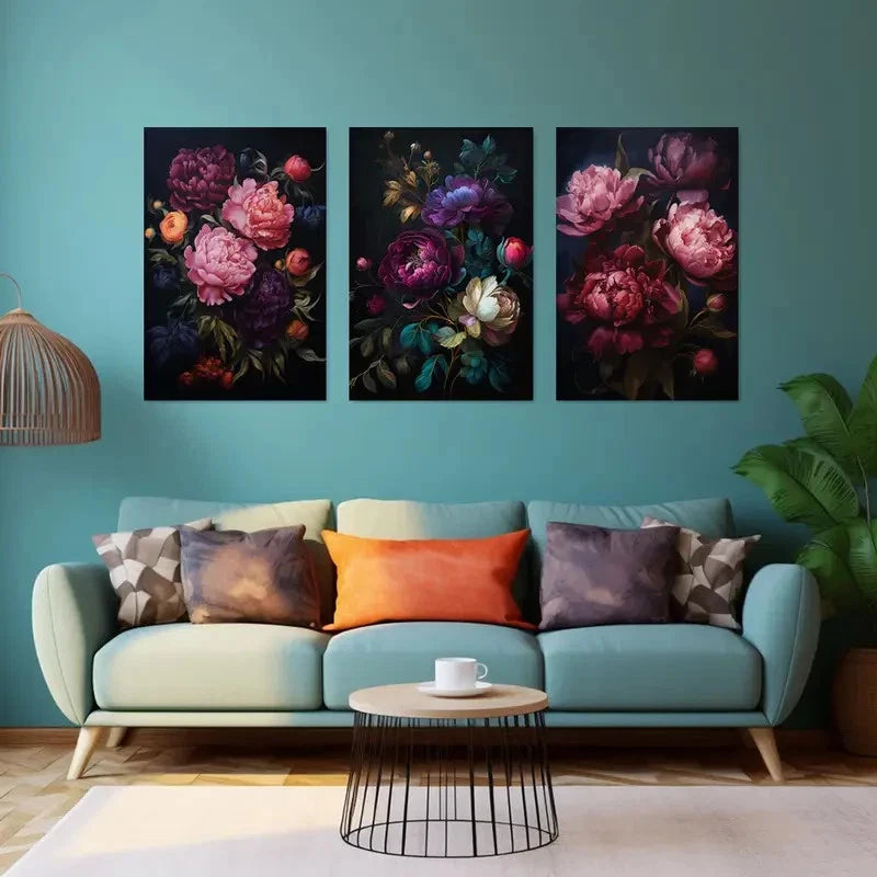 3pcs Dark Floral Peony   Wall Art Set Canvas Framed 40x60cm - High Quality Print 100% Australian Made Wall Canvas Ready to Hang - Bella Home Decor