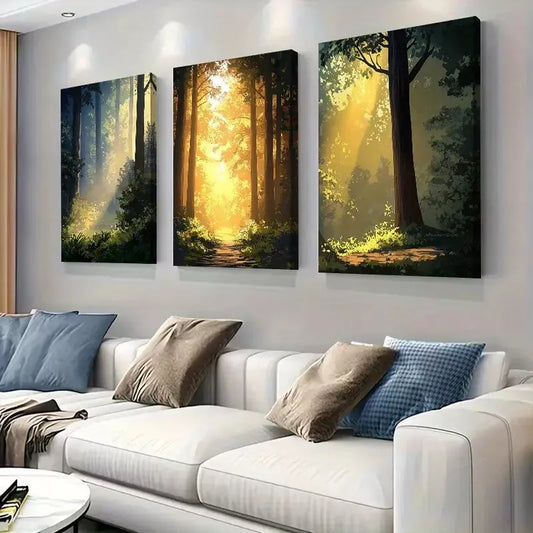 3pcs Warm Light Forest Lush Greenery under Sun Art Set Canvas Framed 50x70cm - High Quality Print 100% Australian Made Wall Canvas Ready to Hang