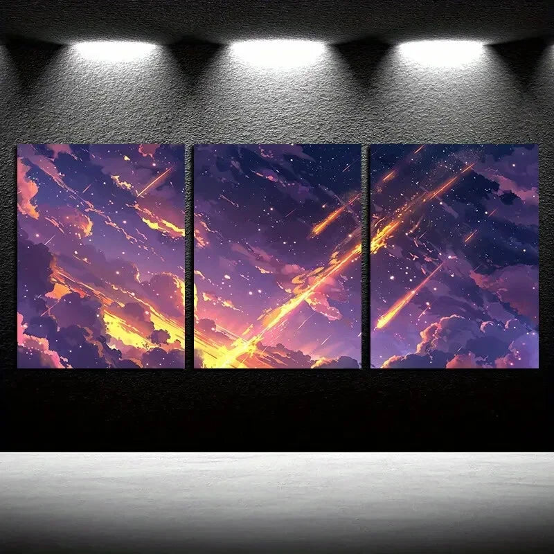 3pcs Vibrant Clouds with Asteroids Illustration Metal Print Ready to Hang Art - Bella Home Decor