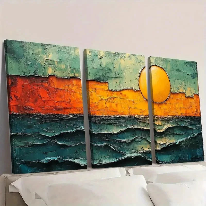 3pcs Abstract Sunset Canvas Vibrant Green  Wall Art Set Canvas Framed 40x60cm - High Quality Print 100% Australian Made Wall Canvas Ready to Hang - Bella Home Decor