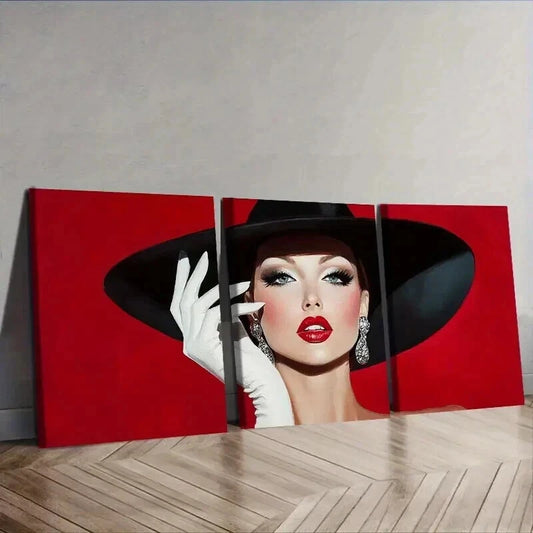 3pcs Fashionable woman in black hat Wall Art Set Canvas Framed 50x70cm - High Quality Print 100% Australian Made Wall Canvas Ready to Hang
