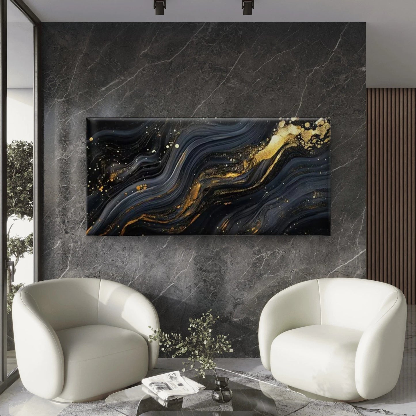 Black & Golden Marble Abstract Wall Art Canvas Office Home Room Framed 120x60cm - Bella Home Decor