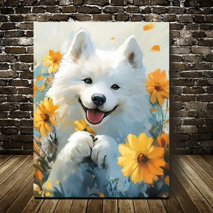 Cute Samoyed Dog with Flowers Painting 40x60cm Metal Print Ready to Hang - Bella Home Decor