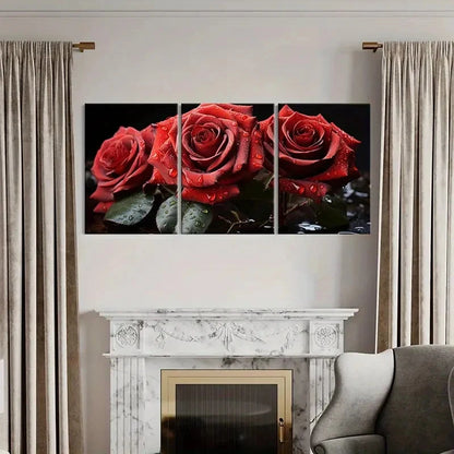 3pcs Set of Elegant Red Roses with Dew Drops Metal Print Ready to Hang Art - Bella Home Decor