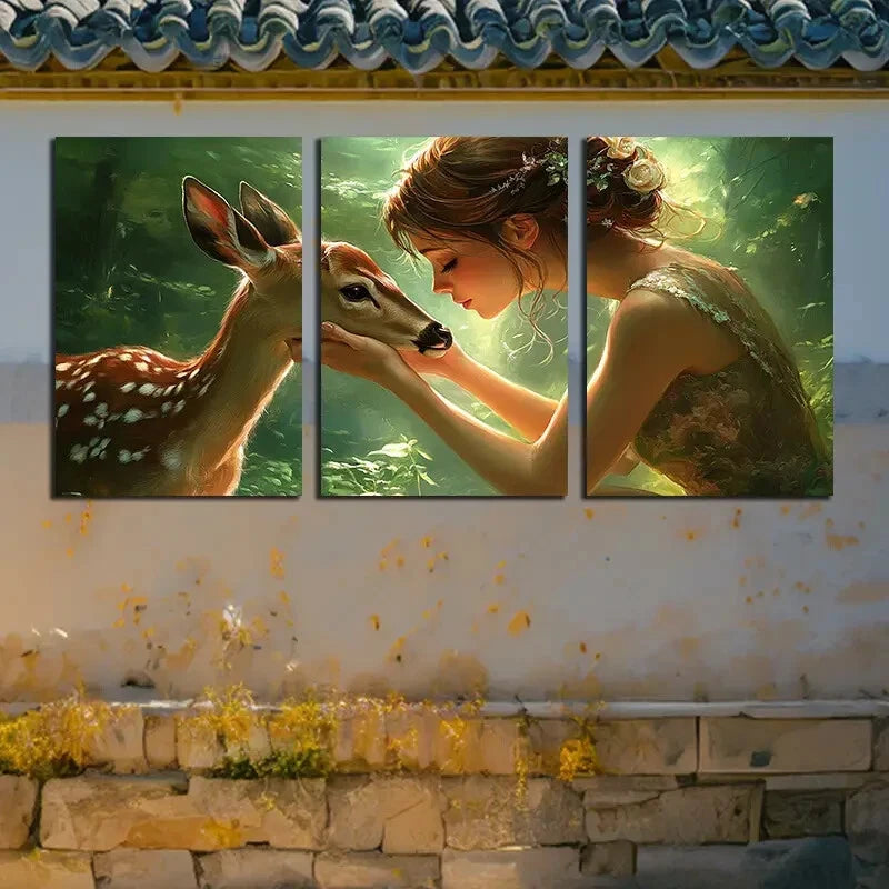 3pcs Girl holding a deer Love Illustration Metal Print Ready to Hang Art - Bella Home Decor