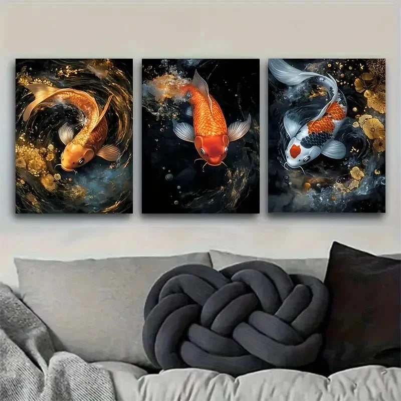 3pcs Dynamic Koi Fish Vibrant with Water Scene Metal Print Ready to Hang Art - Bella Home Decor