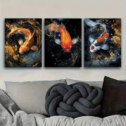 3pcs Dynamic Koi Fish Vibrant with Water Scene Metal Print Ready to Hang Art - Bella Home Decor