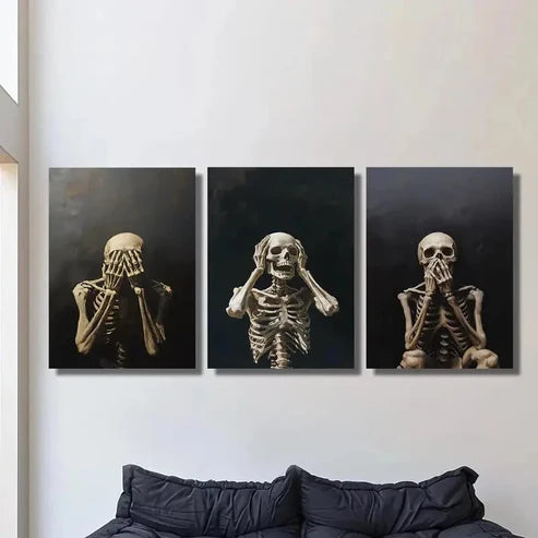 3pcs Golden-Hued Skeletons in Various Poses Wall Art Canvas Unframed - High Quality Print 100% Australian Made Wall Canvas - Bella Home Decor