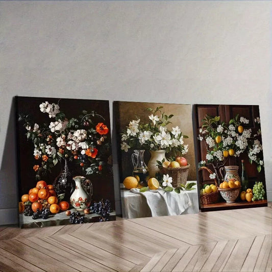3pcs Fruit, Flowers, And A Jug Floral Wall Art Set Canvas Framed 40x60cm - High Quality Print 100% Australian Made Wall Canvas Ready to Hang