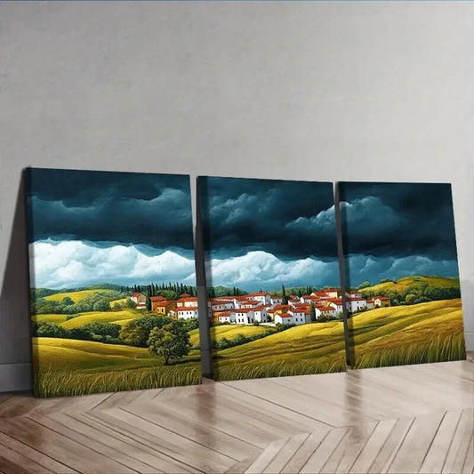 3pcs A little village with red roofs Painting Wall Art Set Canvas Framed 50x70cm - High Quality Print 100% Australian Made Wall Canvas Ready to Hang