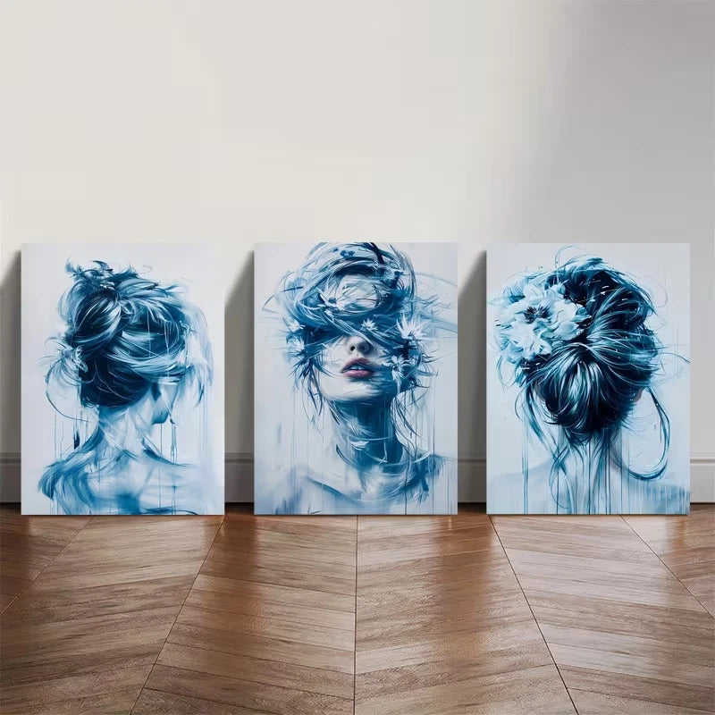 3pcs Blue Abstract Female Portrait Metal Print Ready to Hang Art - Bella Home Decor