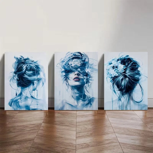 3pcs Blue Abstract Female Portrait Metal Print Ready to Hang Art