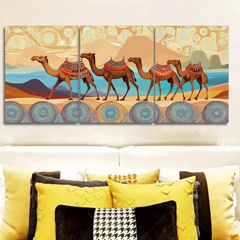 3pcs Decor with Camels, Dunes & Sunset Wall Art Set Canvas Unframed - High Quality Print 100% Australian Made Wall Canvas - Bella Home Decor