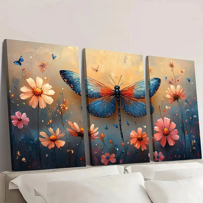 3pcs Dragonfly Painting Wildflowers TY     Wall Art Set Canvas Framed 60x90cm - High Quality Print 100% Australian Made Wall Canvas Ready to Hang - Bella Home Decor