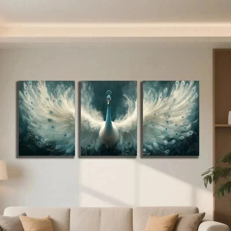 3pcs Majestic Blue & White Pea Rooster Wall Art Set Canvas Framed 50x70cm - High Quality Print 100% Australian Made Wall Canvas Ready to Hang