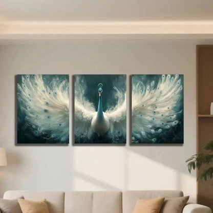 3pcs Majestic Blue & White Pea Rooster Wall Art Set Canvas Framed 50x70cm - High Quality Print 100% Australian Made Wall Canvas Ready to Hang