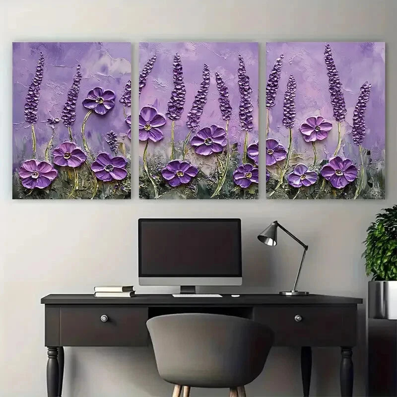 3pcs Purple Flower Floral Textured Lavender Bloom Metal Print Ready to Hang Art - Bella Home Decor