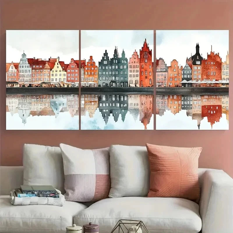 3pcs Gdansk Poland Travel Cityscape Waterfront Metal Print Ready to Hang Art - Bella Home Decor