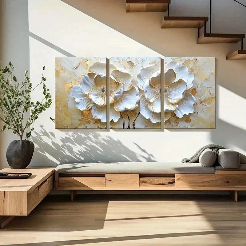 3pcs Golden Blossoms Elegant Petal Wall Art Set Canvas Framed 60x90cm - High Quality Print 100% Australian Made Wall Canvas Ready to Hang - Bella Home Decor
