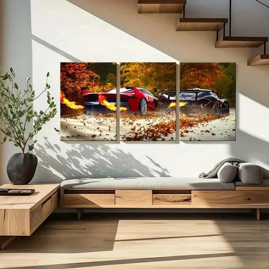 3pcs Car Racing Scene with Autumn Leaves Wall Art Set Canvas Framed 40x60cm - High Quality Print 100% Australian Made Wall Canvas Ready to Hang