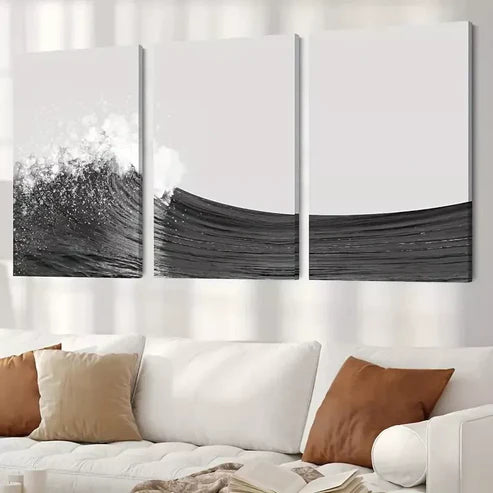 3pcs Black and White Ocean Waves Wall Art Canvas Unframed - High Quality Print 100% Australian Made Wall Canvas - Bella Home Decor